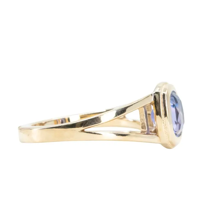 150ct Bicolor Purple Cushion Cut Sapphire Split Shank Bezel Ring with Milgrain in 14k Yellow Gold Anueva Jewelry Rings