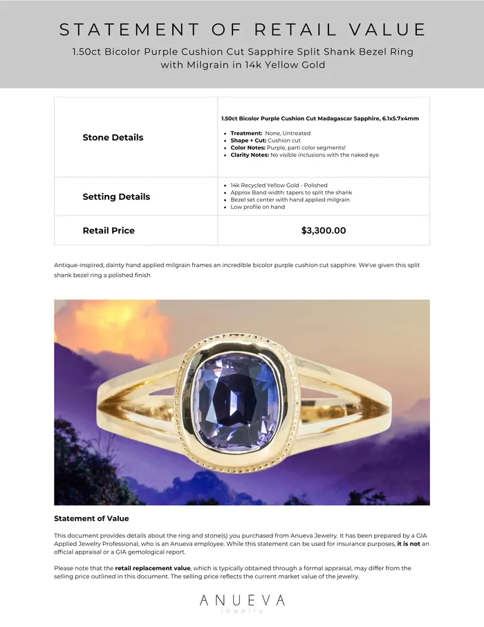 150ct Bicolor Purple Cushion Cut Sapphire Split Shank Bezel Ring with Milgrain in 14k Yellow Gold Anueva Jewelry Rings