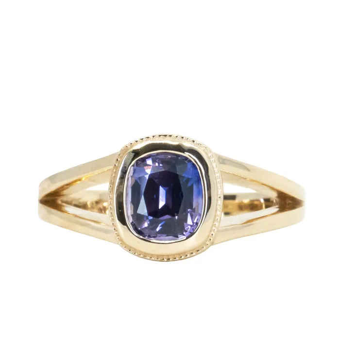 150ct Bicolor Purple Cushion Cut Sapphire Split Shank Bezel Ring with Milgrain in 14k Yellow Gold Anueva Jewelry Rings