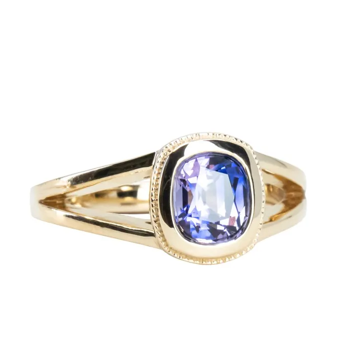150ct Bicolor Purple Cushion Cut Sapphire Split Shank Bezel Ring with Milgrain in 14k Yellow Gold Anueva Jewelry Rings
