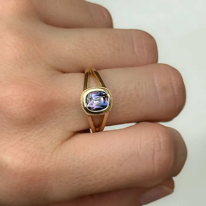 150ct Bicolor Purple Cushion Cut Sapphire Split Shank Bezel Ring with Milgrain in 14k Yellow Gold Anueva Jewelry Rings