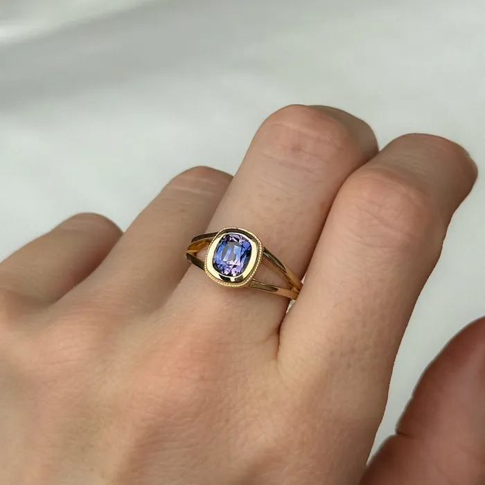 150ct Bicolor Purple Cushion Cut Sapphire Split Shank Bezel Ring with Milgrain in 14k Yellow Gold Anueva Jewelry Rings