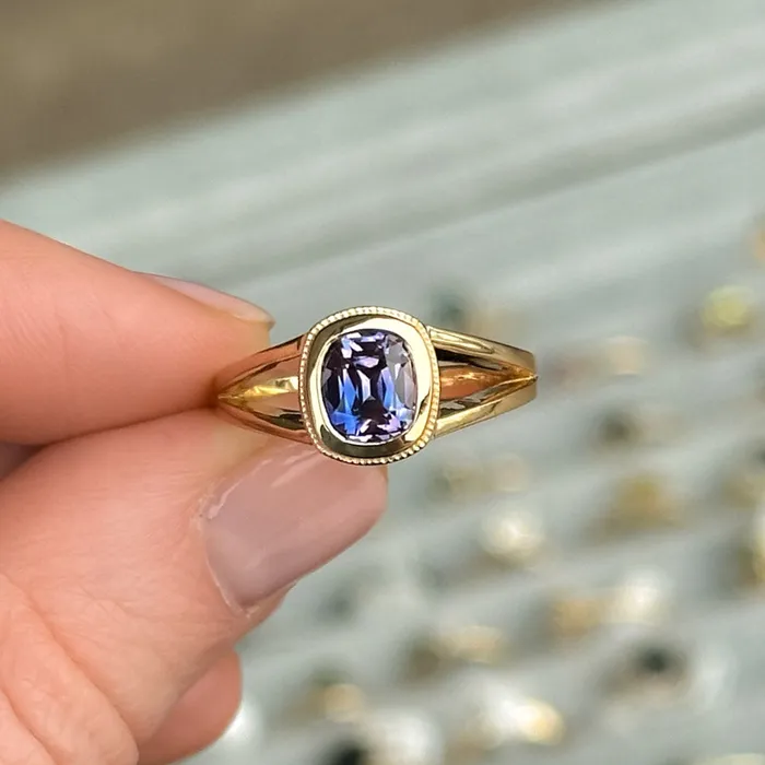 150ct Bicolor Purple Cushion Cut Sapphire Split Shank Bezel Ring with Milgrain in 14k Yellow Gold Anueva Jewelry Rings