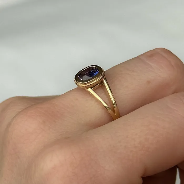 150ct Bicolor Purple Cushion Cut Sapphire Split Shank Bezel Ring with Milgrain in 14k Yellow Gold Anueva Jewelry Rings