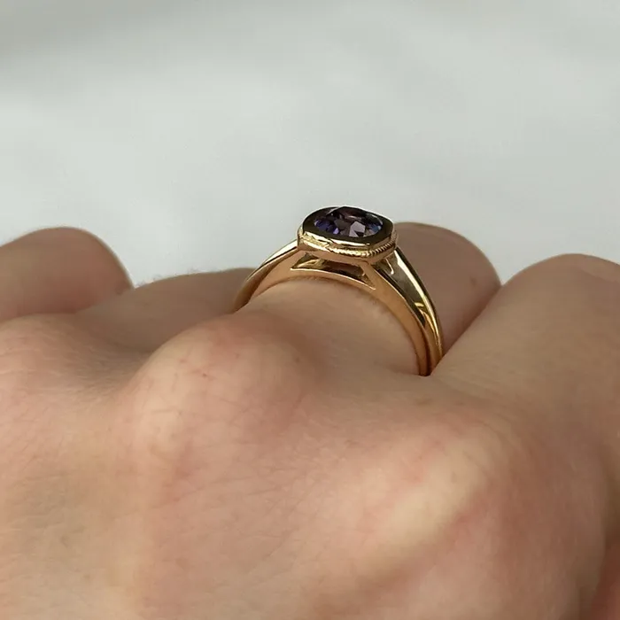 150ct Bicolor Purple Cushion Cut Sapphire Split Shank Bezel Ring with Milgrain in 14k Yellow Gold Anueva Jewelry Rings