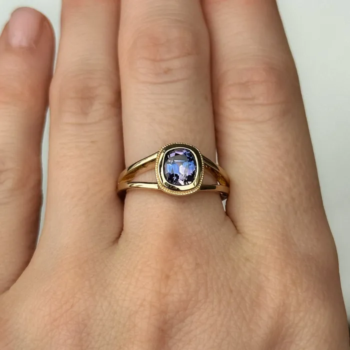 150ct Bicolor Purple Cushion Cut Sapphire Split Shank Bezel Ring with Milgrain in 14k Yellow Gold Anueva Jewelry Rings