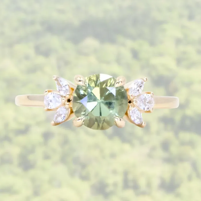160ct Round Green Untreated Montana Sapphire and Lab Grown Marquise Diamond Cluster Ring in 14k Yellow Gold Anueva Jewelry Rings 160ct Round Green Untreated Montana Sapphire and Lab Grown Marquise Diamond Cluster Ring in 14k Yellow Gold Anueva Jewelry Rings