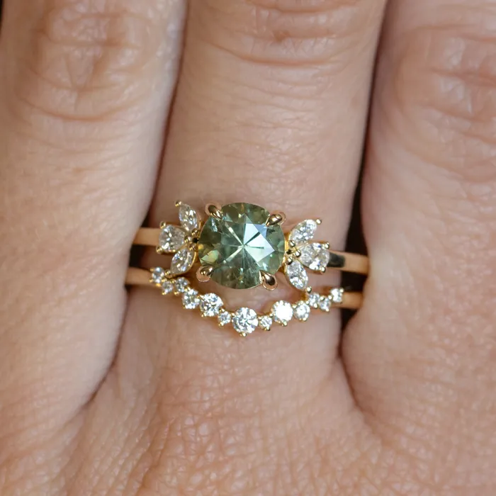 160ct Round Green Untreated Montana Sapphire and Lab Grown Marquise Diamond Cluster Ring in 14k Yellow Gold Anueva Jewelry Rings