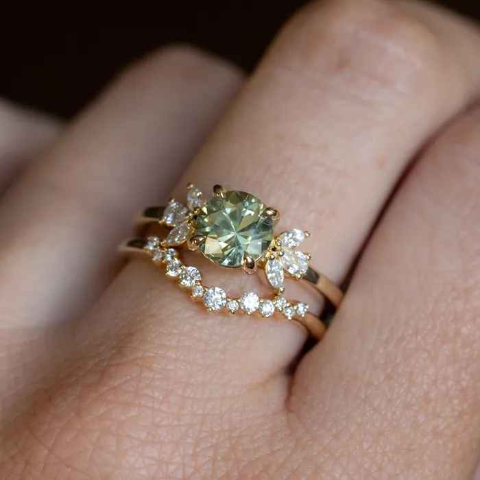 160ct Round Green Untreated Montana Sapphire and Lab Grown Marquise Diamond Cluster Ring in 14k Yellow Gold Anueva Jewelry Rings