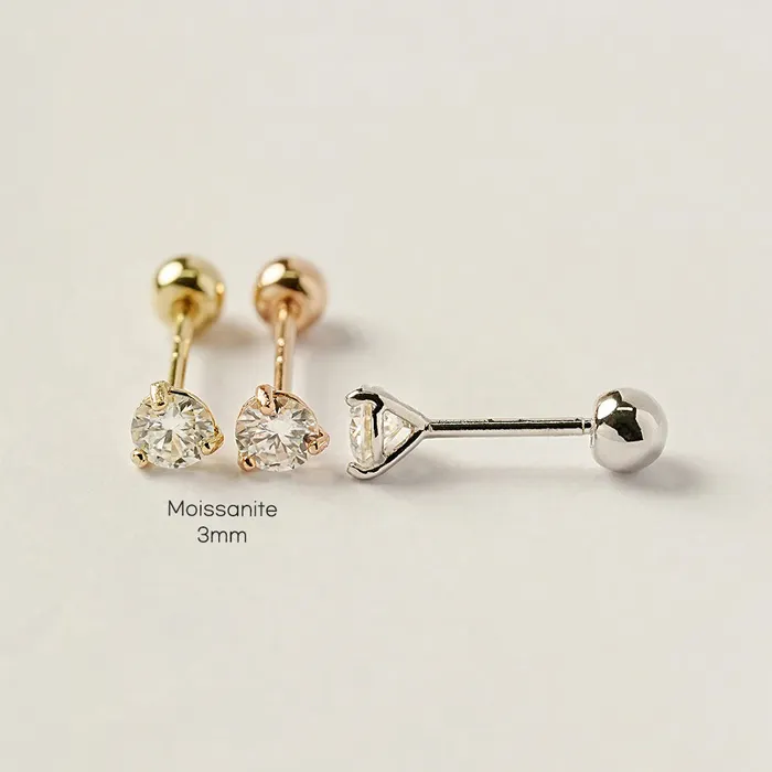 14K Gold 3 Pronged Moissanite Internally Threaded Labret Piercing 20G18G16 MinimalBijoux PreStyled Sets
