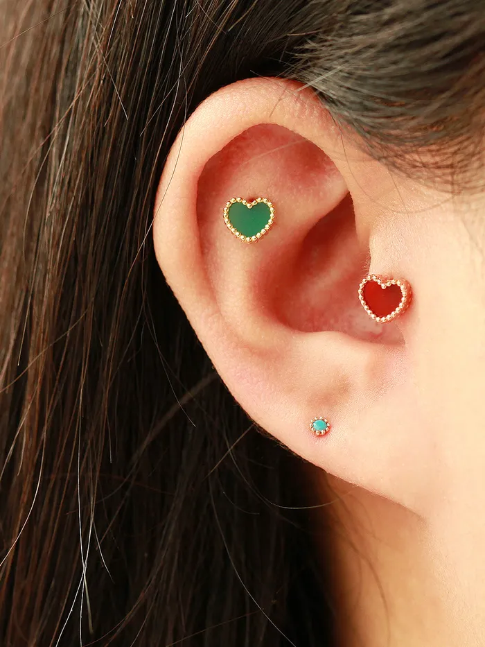 14K Gold Heart Natural Stone Cartilage Earring 20G MinimalBijoux Earrings
