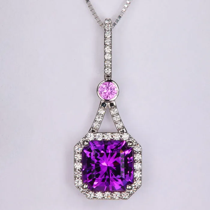 14k White Gold Square Cushion Amethyst with Diamond and Pink Sapphire Pendant 460cts vendorunknown Necklaces