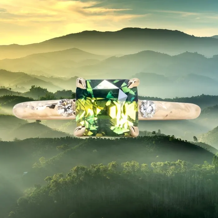 208ct Parti Cushion Madagascar Sapphire and Diamond Low Profile Evergreen Ring in 14k Yellow Gold Anueva Jewelry Rings 208ct Parti Cushion Madagascar Sapphire and Diamond Low Profile Evergreen Ring in 14k Yellow Gold Anueva Jewelry Rings