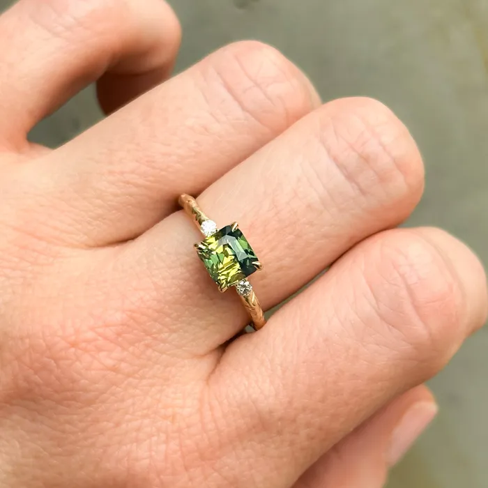 208ct Parti Cushion Madagascar Sapphire and Diamond Low Profile Evergreen Ring in 14k Yellow Gold Anueva Jewelry Rings