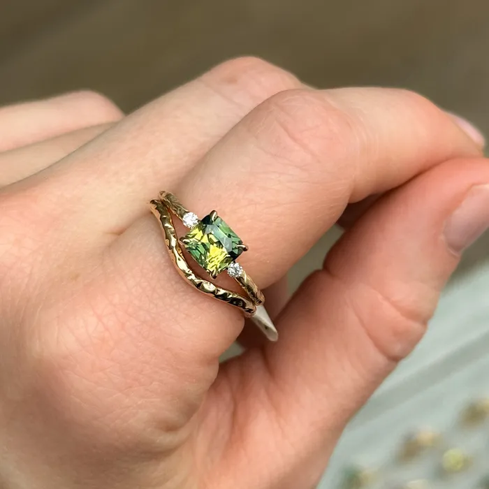 208ct Parti Cushion Madagascar Sapphire and Diamond Low Profile Evergreen Ring in 14k Yellow Gold Anueva Jewelry Rings
