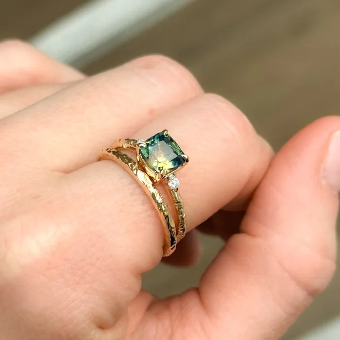 208ct Parti Cushion Madagascar Sapphire and Diamond Low Profile Evergreen Ring in 14k Yellow Gold Anueva Jewelry Rings