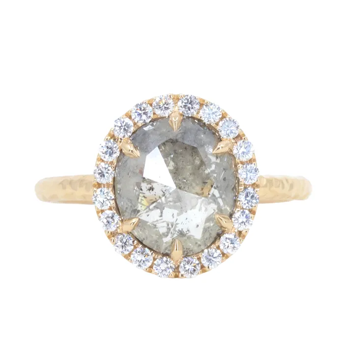 211ct Grey Oval Salt and Pepper Diamond and Low Profile Diamond Halo French Set Ring in 18k Yellow Gold Anueva Jewelry Rings 211ct Grey Oval Salt and Pepper Diamond and Low Profile Diamond Halo French Set Ring in 18k Yellow Gold Anueva Jewelry Rings