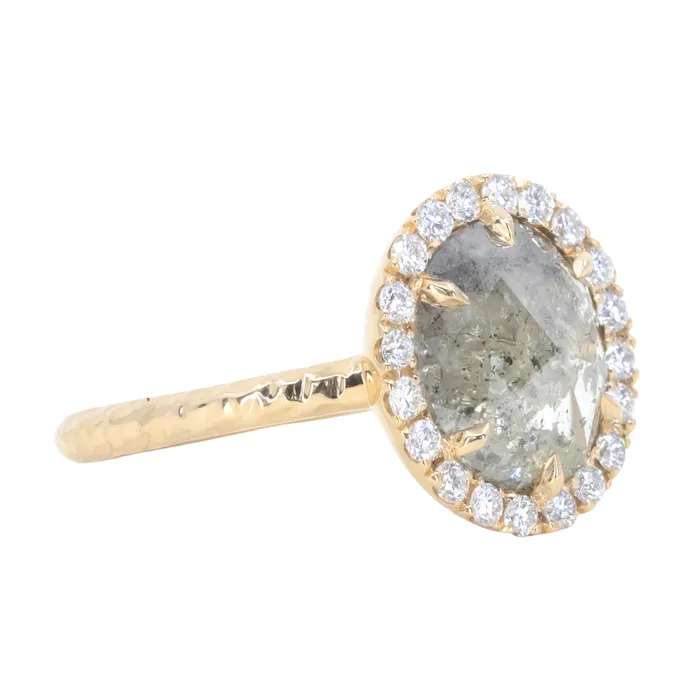 211ct Grey Oval Salt and Pepper Diamond and Low Profile Diamond Halo French Set Ring in 18k Yellow Gold Anueva Jewelry Rings