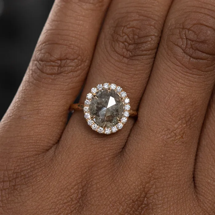 211ct Grey Oval Salt and Pepper Diamond and Low Profile Diamond Halo French Set Ring in 18k Yellow Gold Anueva Jewelry Rings