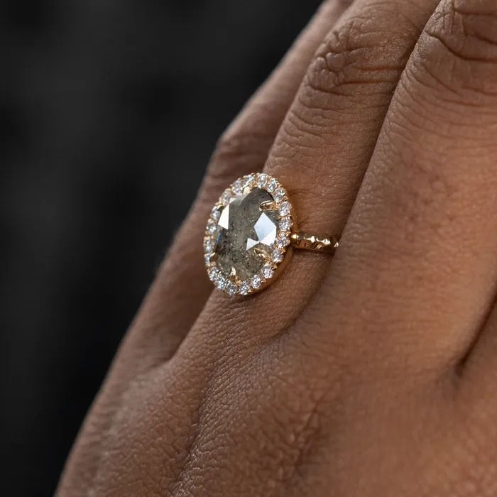211ct Grey Oval Salt and Pepper Diamond and Low Profile Diamond Halo French Set Ring in 18k Yellow Gold Anueva Jewelry Rings