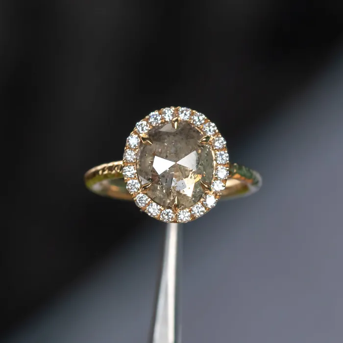 211ct Grey Oval Salt and Pepper Diamond and Low Profile Diamond Halo French Set Ring in 18k Yellow Gold Anueva Jewelry Rings