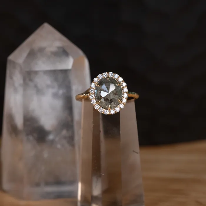 211ct Grey Oval Salt and Pepper Diamond and Low Profile Diamond Halo French Set Ring in 18k Yellow Gold Anueva Jewelry Rings