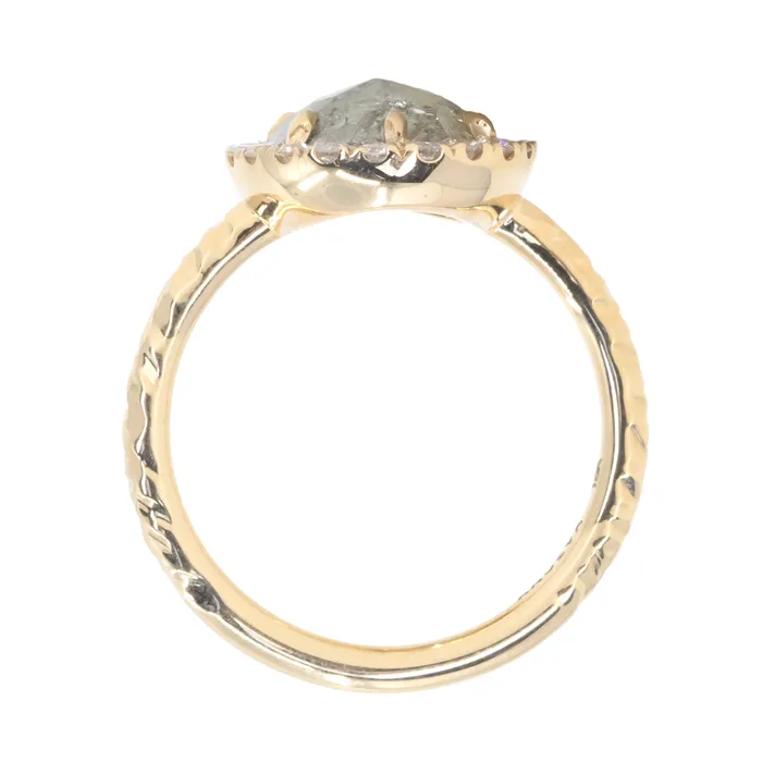 211ct Grey Oval Salt and Pepper Diamond and Low Profile Diamond Halo French Set Ring in 18k Yellow Gold Anueva Jewelry Rings