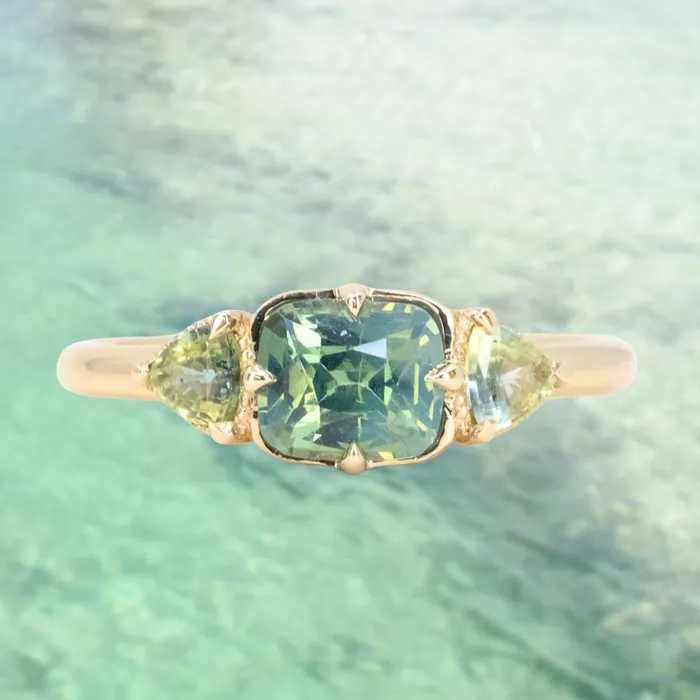 Anueva Jewelry Rings 118ct Silky Cushion Sapphire and Trillion Sapphire Sides Antique Compass Set Low Profile Ring in 14k Yellow Gold Anueva Jewelry Rings 118ct Silky Cushion Sapphire and Trillion Sapphire Sides Antique Compass Set Low Profile Ring in 14k Yellow Gold