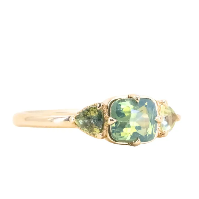 Anueva Jewelry Rings 118ct Silky Cushion Sapphire and Trillion Sapphire Sides Antique Compass Set Low Profile Ring in 14k Yellow Gold