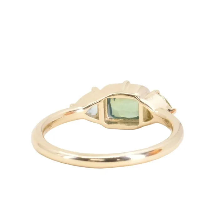 Anueva Jewelry Rings 118ct Silky Cushion Sapphire and Trillion Sapphire Sides Antique Compass Set Low Profile Ring in 14k Yellow Gold