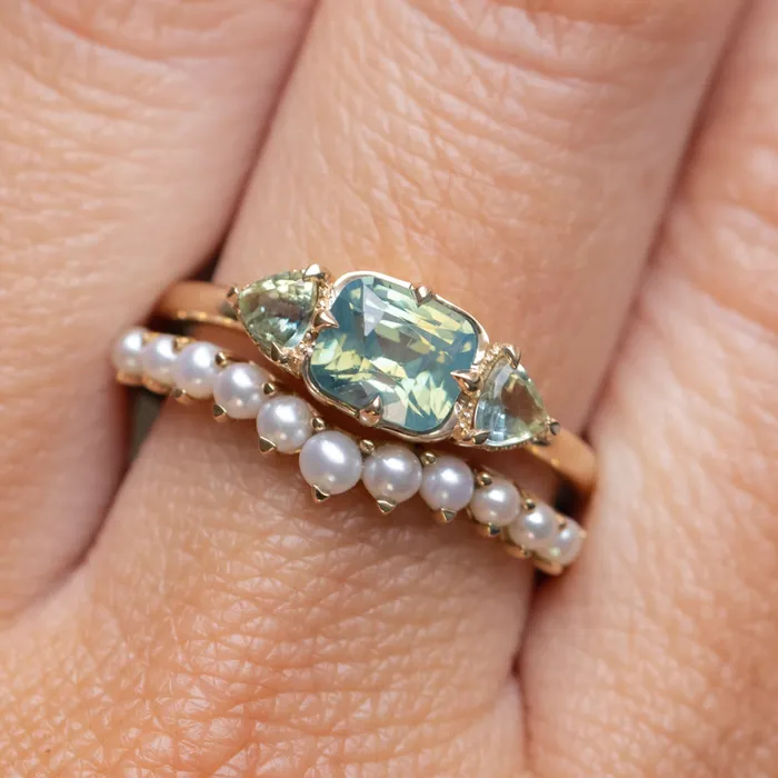 Anueva Jewelry Rings 118ct Silky Cushion Sapphire and Trillion Sapphire Sides Antique Compass Set Low Profile Ring in 14k Yellow Gold