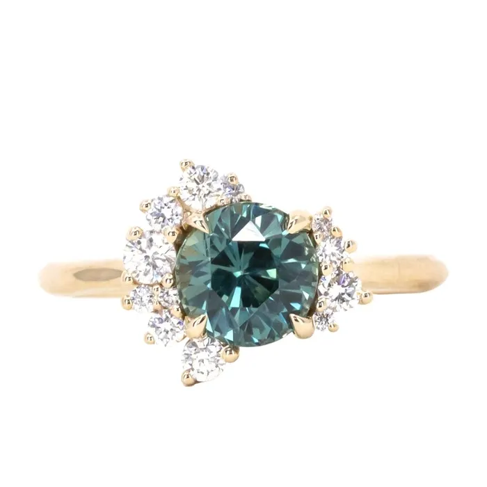 Anueva Jewelry Rings 173ct Round Madagascar Teal Sapphire and Asymmetrical Diamond Cluster Ring in 14k Yellow Gold Anueva Jewelry Rings 173ct Round Madagascar Teal Sapphire and Asymmetrical Diamond Cluster Ring in 14k Yellow Gold