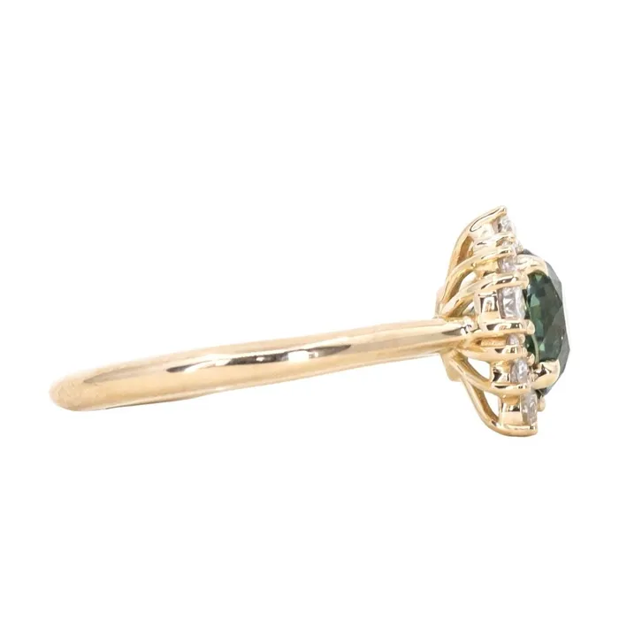 Anueva Jewelry Rings 173ct Round Madagascar Teal Sapphire and Asymmetrical Diamond Cluster Ring in 14k Yellow Gold