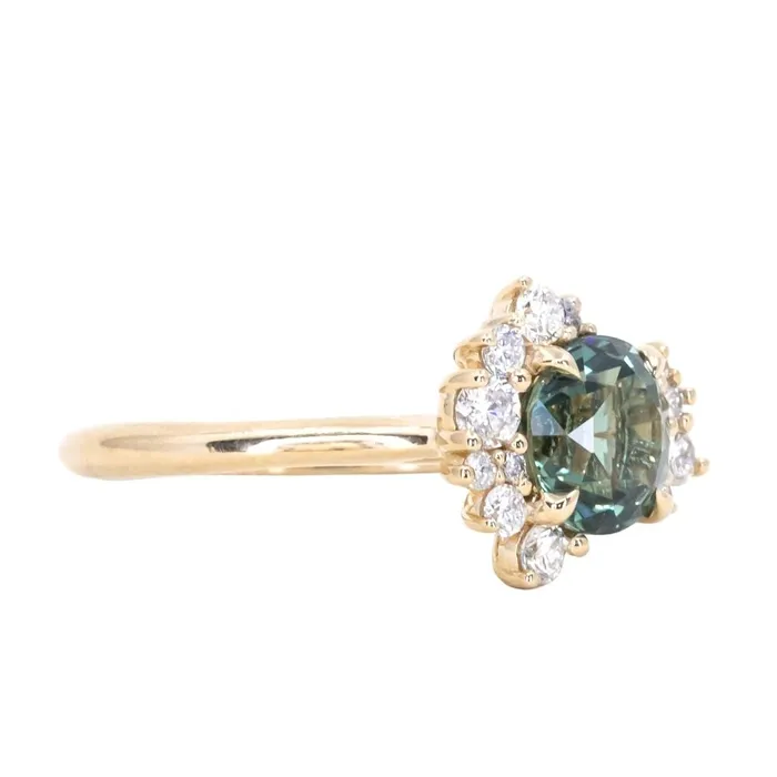 Anueva Jewelry Rings 173ct Round Madagascar Teal Sapphire and Asymmetrical Diamond Cluster Ring in 14k Yellow Gold