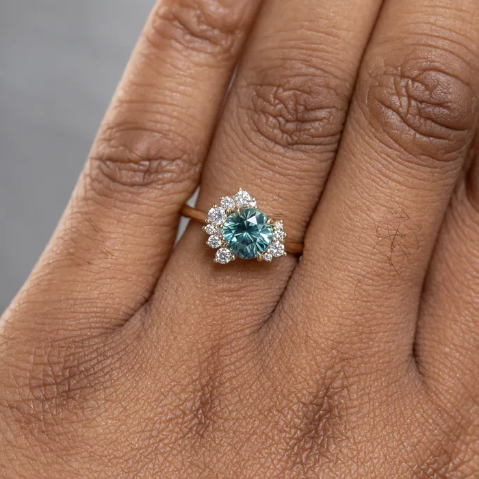 Anueva Jewelry Rings 173ct Round Madagascar Teal Sapphire and Asymmetrical Diamond Cluster Ring in 14k Yellow Gold