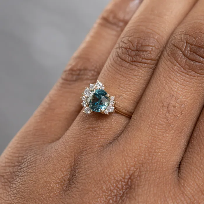 Anueva Jewelry Rings 173ct Round Madagascar Teal Sapphire and Asymmetrical Diamond Cluster Ring in 14k Yellow Gold