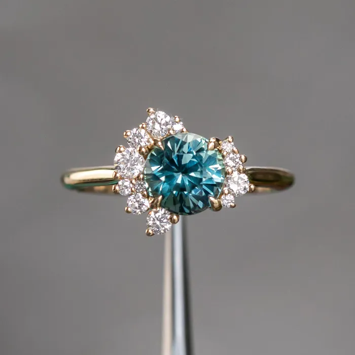 Anueva Jewelry Rings 173ct Round Madagascar Teal Sapphire and Asymmetrical Diamond Cluster Ring in 14k Yellow Gold