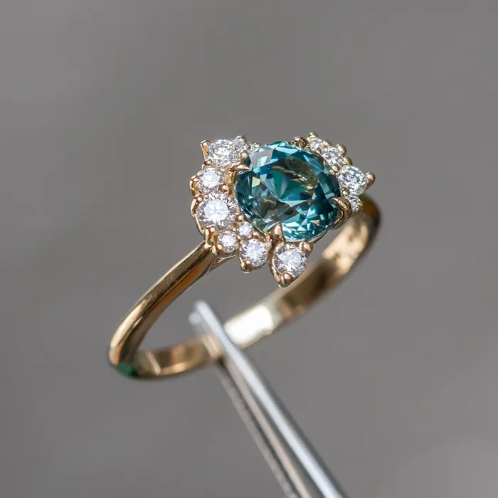 Anueva Jewelry Rings 173ct Round Madagascar Teal Sapphire and Asymmetrical Diamond Cluster Ring in 14k Yellow Gold