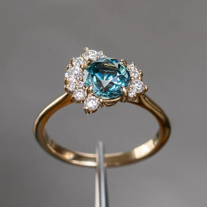 Anueva Jewelry Rings 173ct Round Madagascar Teal Sapphire and Asymmetrical Diamond Cluster Ring in 14k Yellow Gold