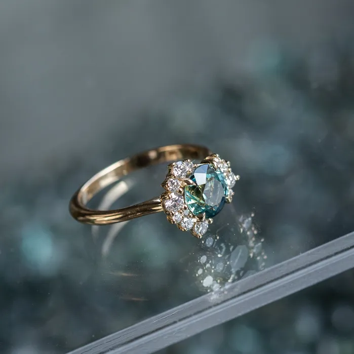 Anueva Jewelry Rings 173ct Round Madagascar Teal Sapphire and Asymmetrical Diamond Cluster Ring in 14k Yellow Gold