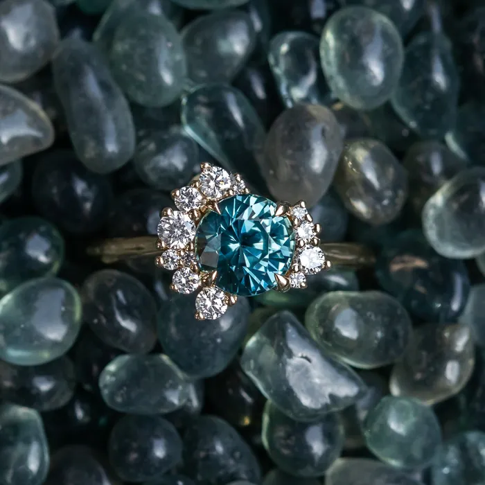Anueva Jewelry Rings 173ct Round Madagascar Teal Sapphire and Asymmetrical Diamond Cluster Ring in 14k Yellow Gold