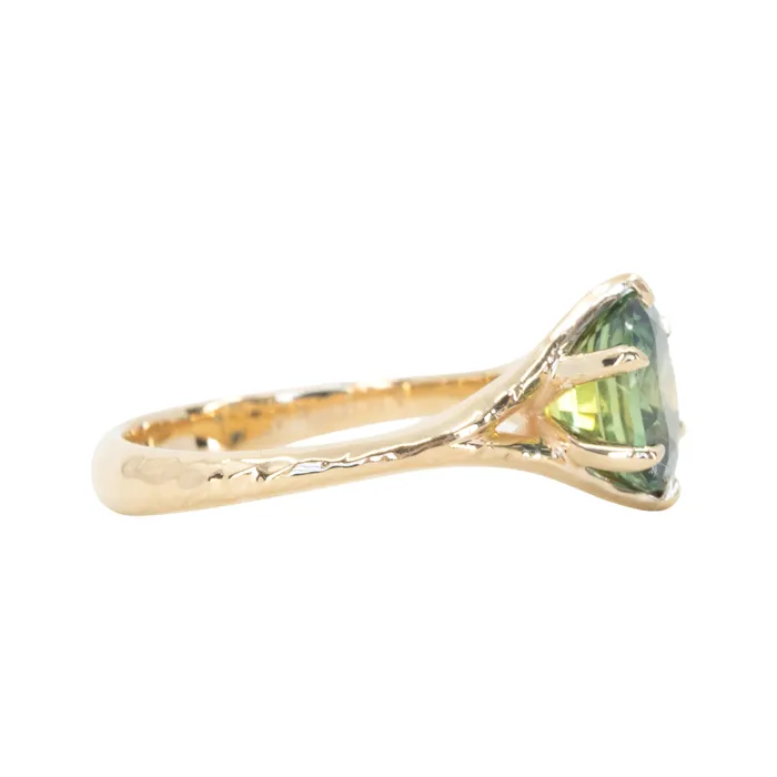 Anueva Jewelry Rings 240ct Oval Teal Green Parti Sapphire Evergreen Carved Split Shank Six Prong Ring in 14k Yellow Gold