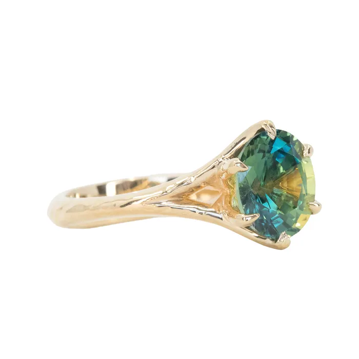 Anueva Jewelry Rings 240ct Oval Teal Green Parti Sapphire Evergreen Carved Split Shank Six Prong Ring in 14k Yellow Gold