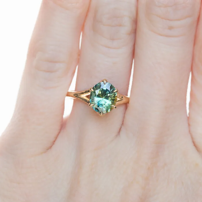 Anueva Jewelry Rings 240ct Oval Teal Green Parti Sapphire Evergreen Carved Split Shank Six Prong Ring in 14k Yellow Gold