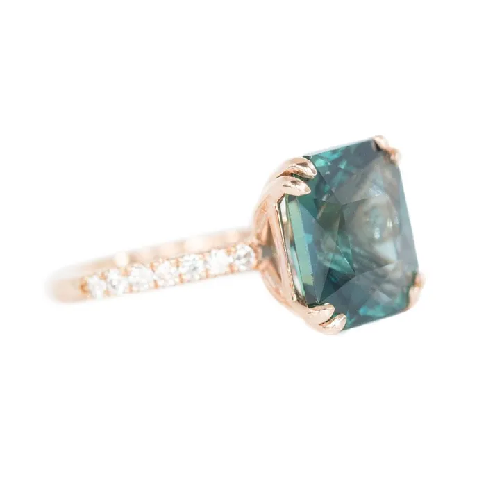 Anueva Jewelry Rings 567ct Radiant Cut Teal Sapphire Ring with French Set Diamond Studded Band in 18k Rose Gold