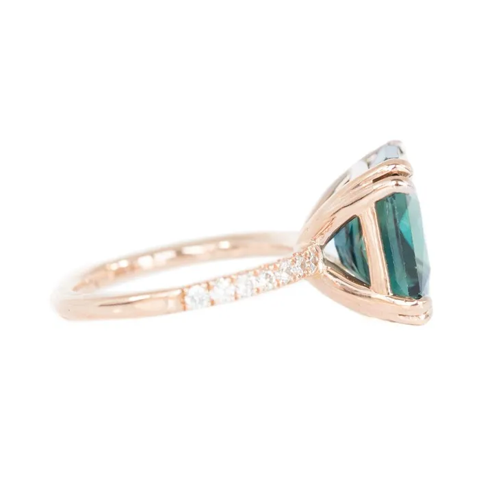 Anueva Jewelry Rings 567ct Radiant Cut Teal Sapphire Ring with French Set Diamond Studded Band in 18k Rose Gold