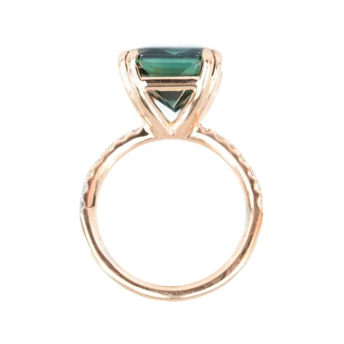 Anueva Jewelry Rings 567ct Radiant Cut Teal Sapphire Ring with French Set Diamond Studded Band in 18k Rose Gold