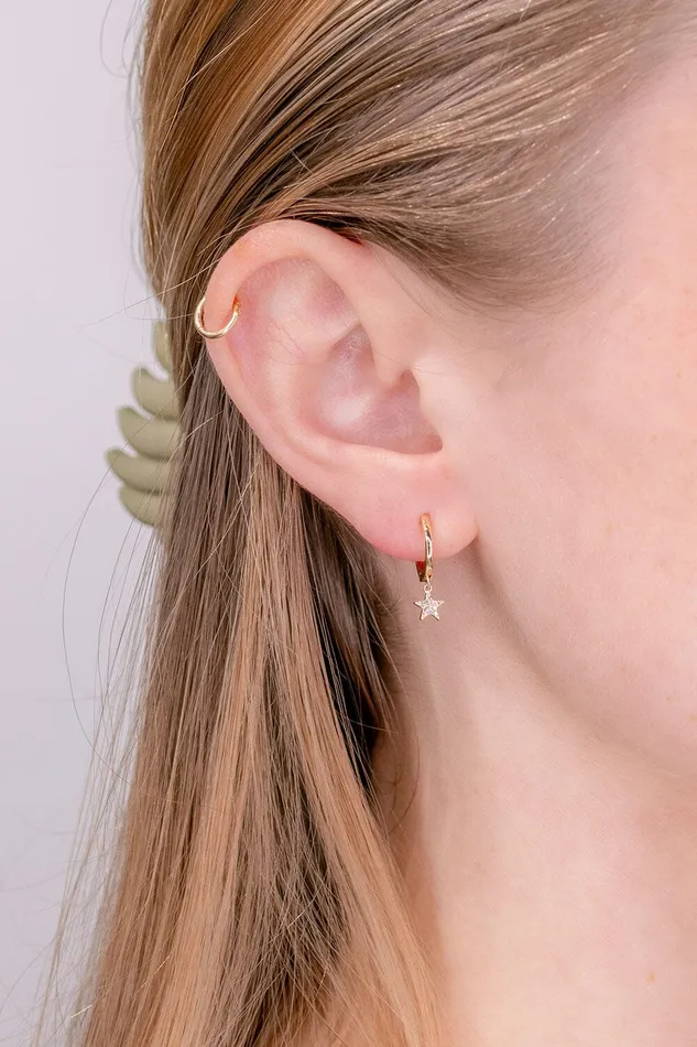 Earrings 14k Yellow Gold Diamond Star Huggies Princess Bride Diamonds