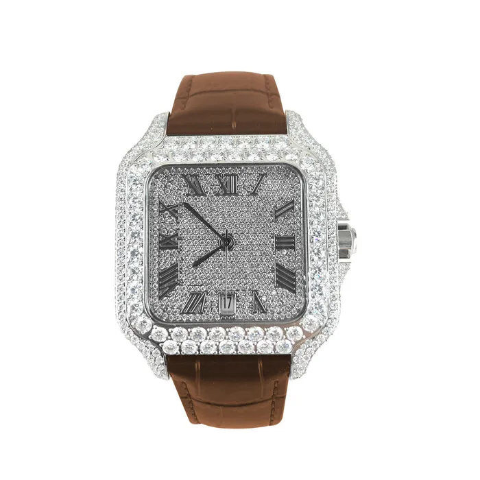 EMPIRE Watches Moissanite Half Iced Brown Croco Leather Band Bezel 96ct Watch