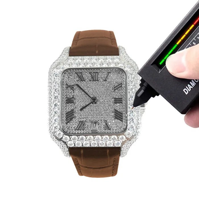 EMPIRE Watches Moissanite Half Iced Brown Croco Leather Band Bezel 96ct Watch